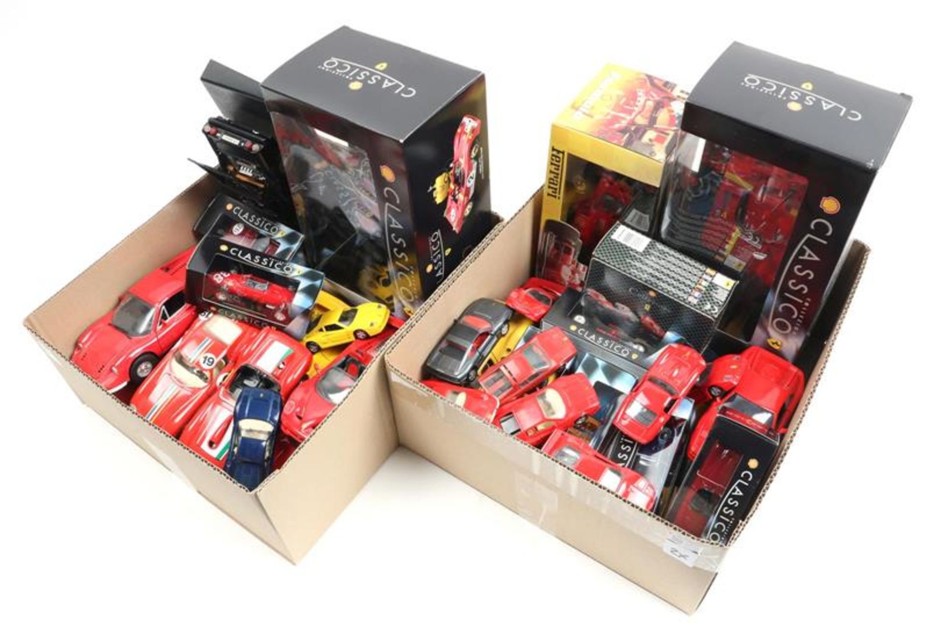 2 boxes with scale model cars, Ferrari, approx. 34 pieces