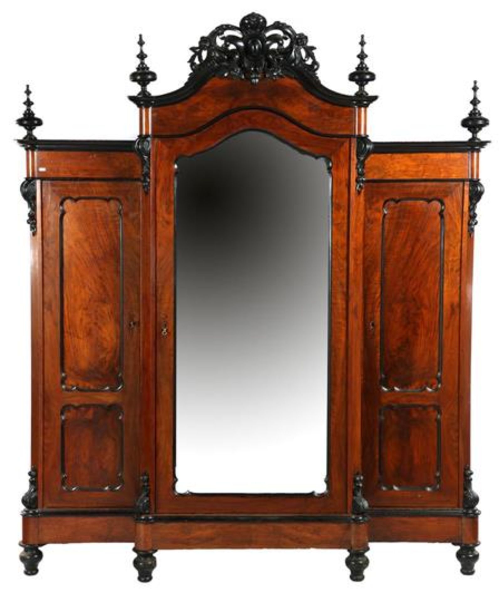 Walnut veneer 3-door cabinet with mirrored door in the middle and decorated crest 252 cm high, 201