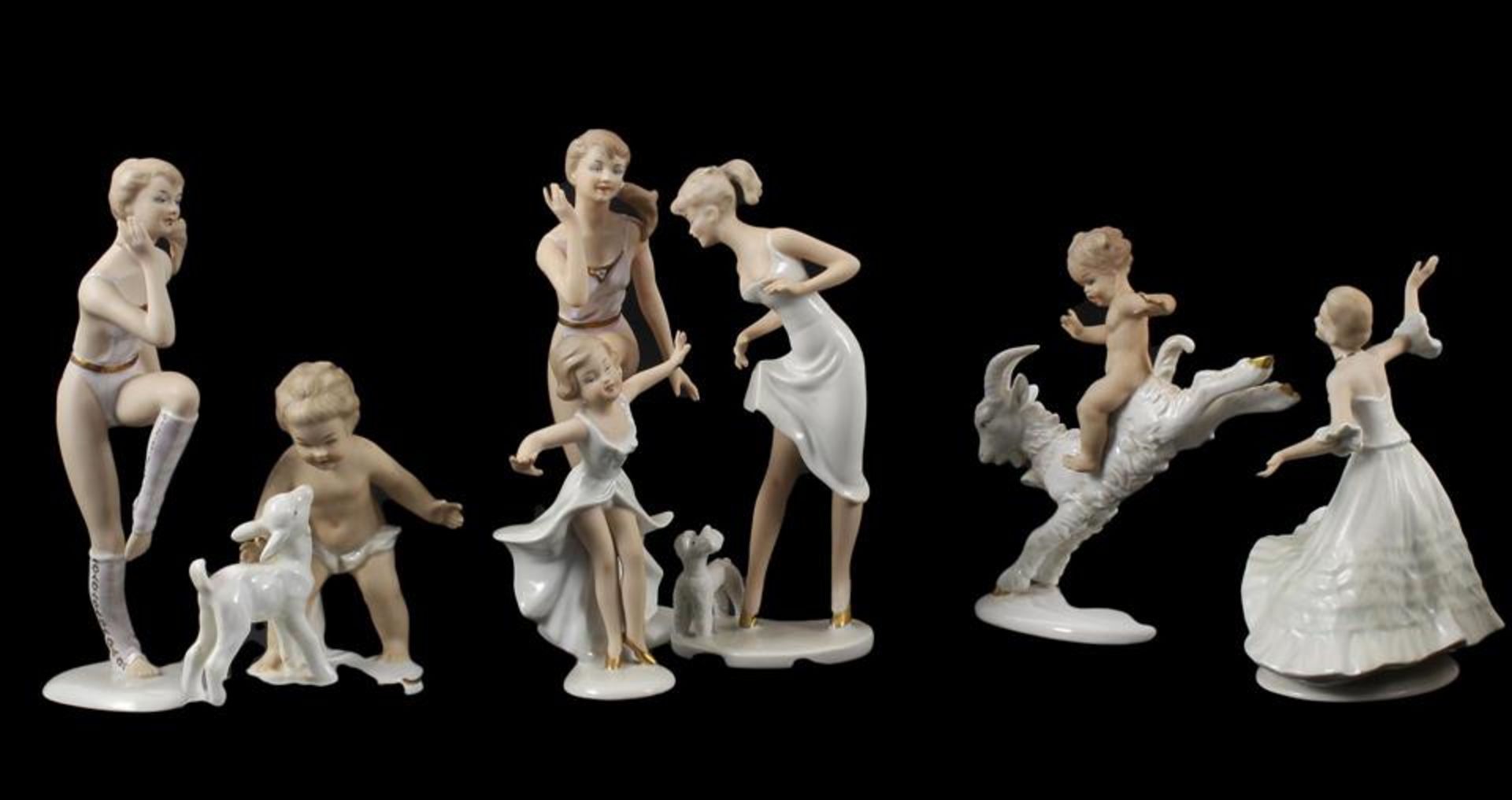 Wallendorf Thuringen Germany 7 various porcelain figurines of dancers and children with animals, the