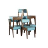 Series of 6 vintage chairs with brown plywood frame and blue vinyl upholstery