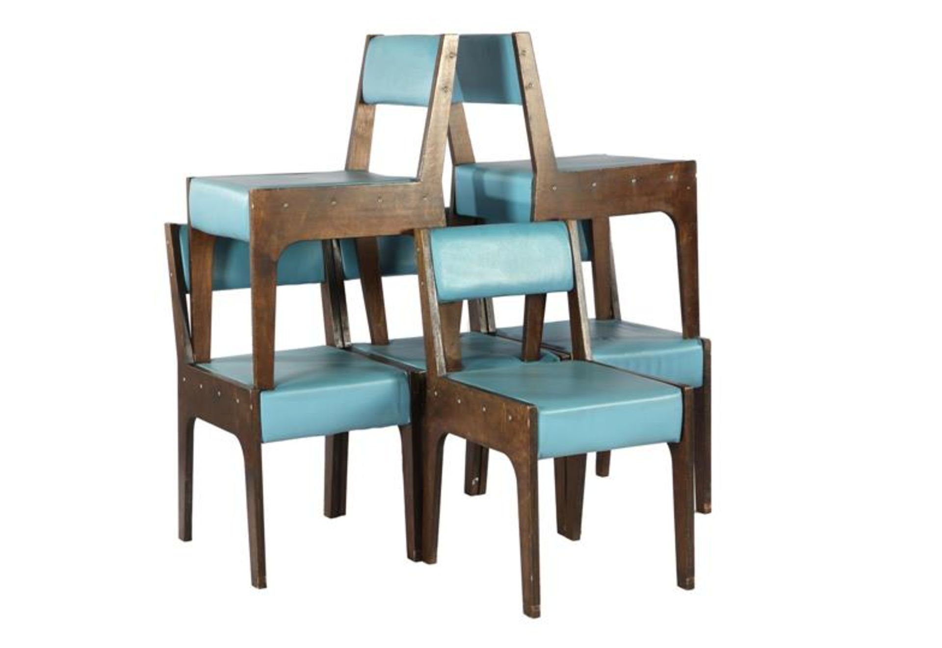 Series of 6 vintage chairs with brown plywood frame and blue vinyl upholstery