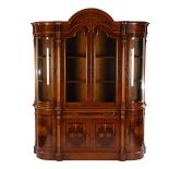 Walnut with burr walnut veneer 2-part showcase with intarsia, 2 doors and drawer in base cabinet and
