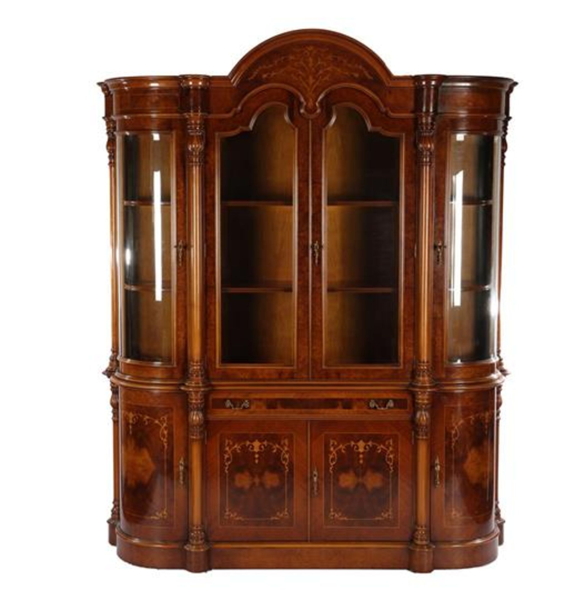 Walnut with burr walnut veneer 2-part showcase with intarsia, 2 doors and drawer in base cabinet and