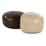 Brown leather and cream imitation leather patchwork ottoman, 62 and 52 cm diameter