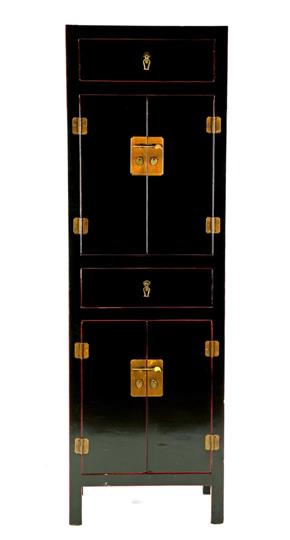 Chinese lacquer cabinet, black with red accents and equipped with 2 doors and 2 drawers with brass