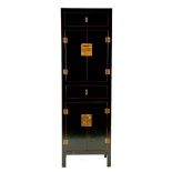 Chinese lacquer cabinet, black with red accents and equipped with 2 doors and 2 drawers with brass