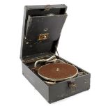 Old suitcase pendulum gramophone, His Masters Voice (some fungal damage)