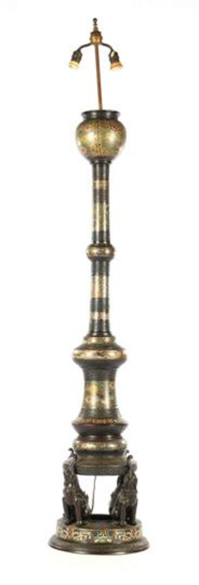 Asian 2-bulb cloisonne floor lamp with elephants at the base 190 cm high, & nbsp; upholstered