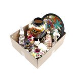 Box with Goebel earthenware and porcelain statues and English porcelain flower arrangement
