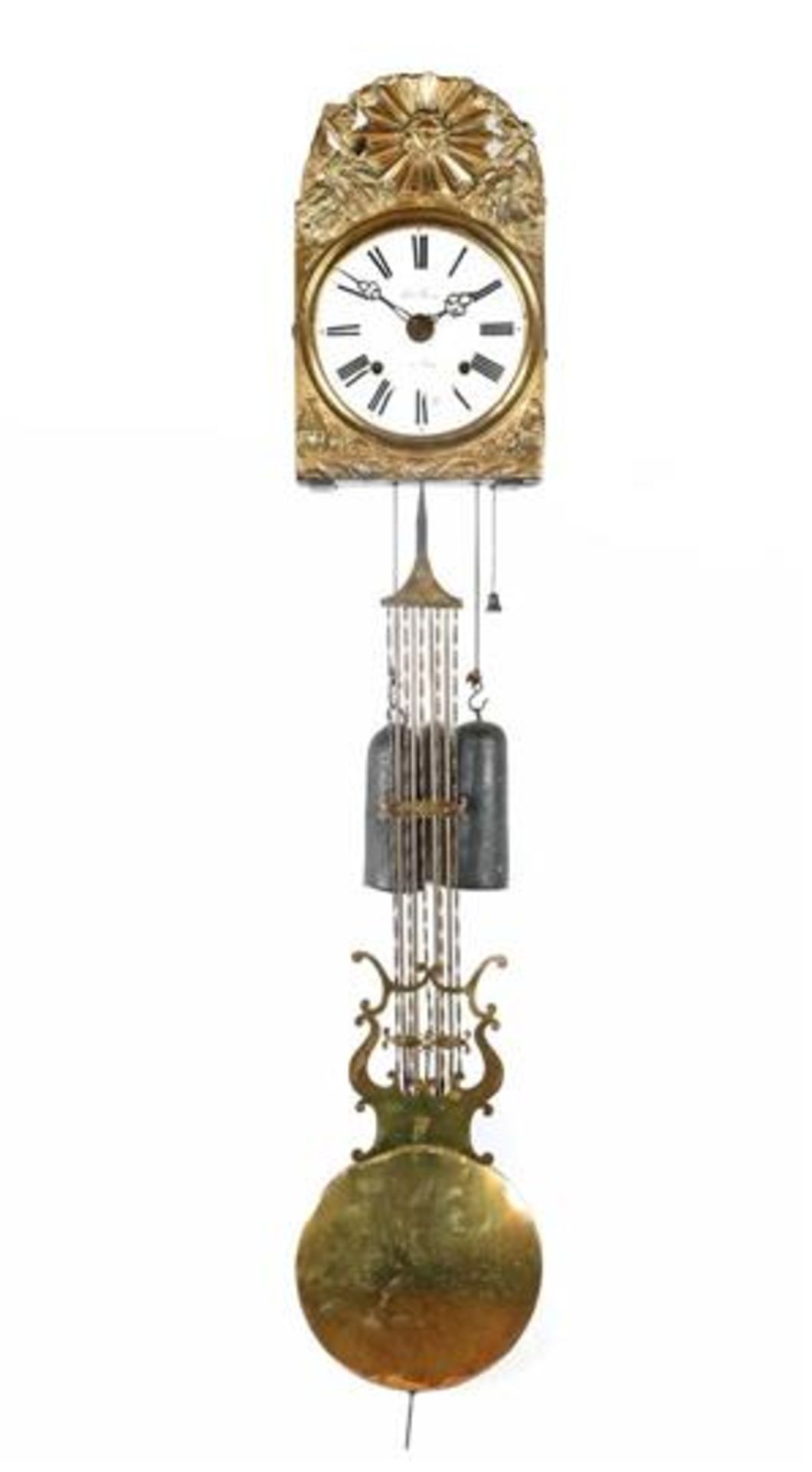 Antique French comtoise clock with harp pendulum, address Serre a Dax, ca.1860