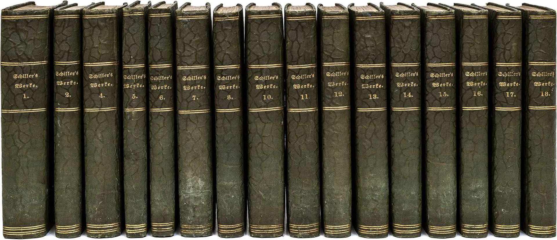 Monte Verità. – F. Schiller. Sämtliche Werke. 16 von 18 Bdn. Karlsruhe 1822-23. Hlwd.-Bde. d. Zt.,