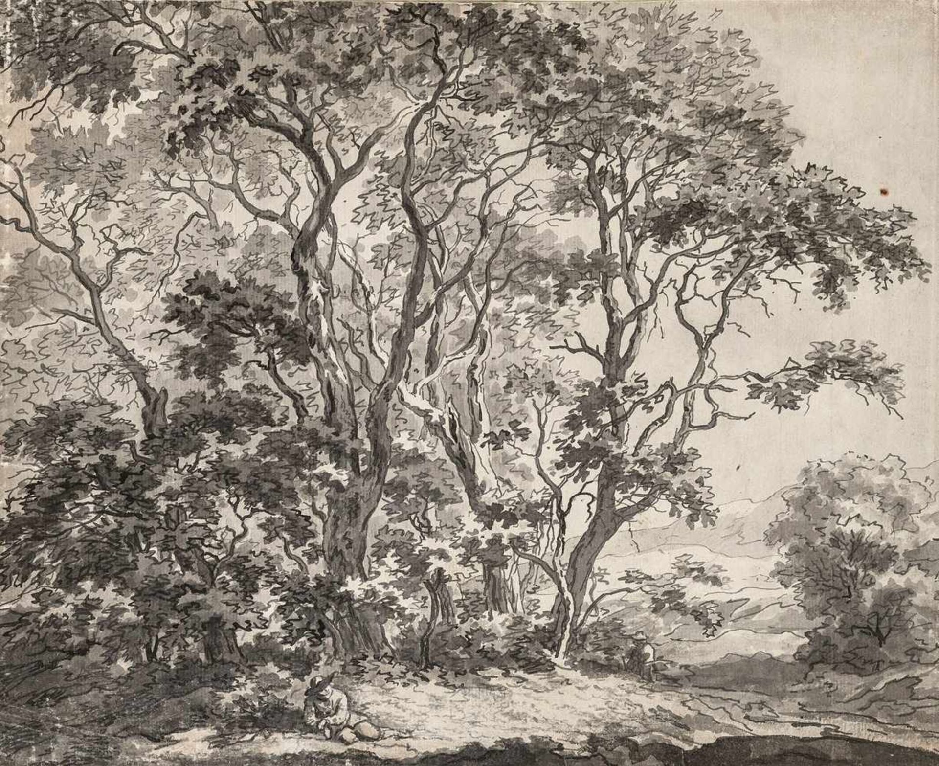Roghman, Roeland "(um 1620-1686), zugeschrieben. Waldstück vor Hügellandschaft, mit zwei Figuren,