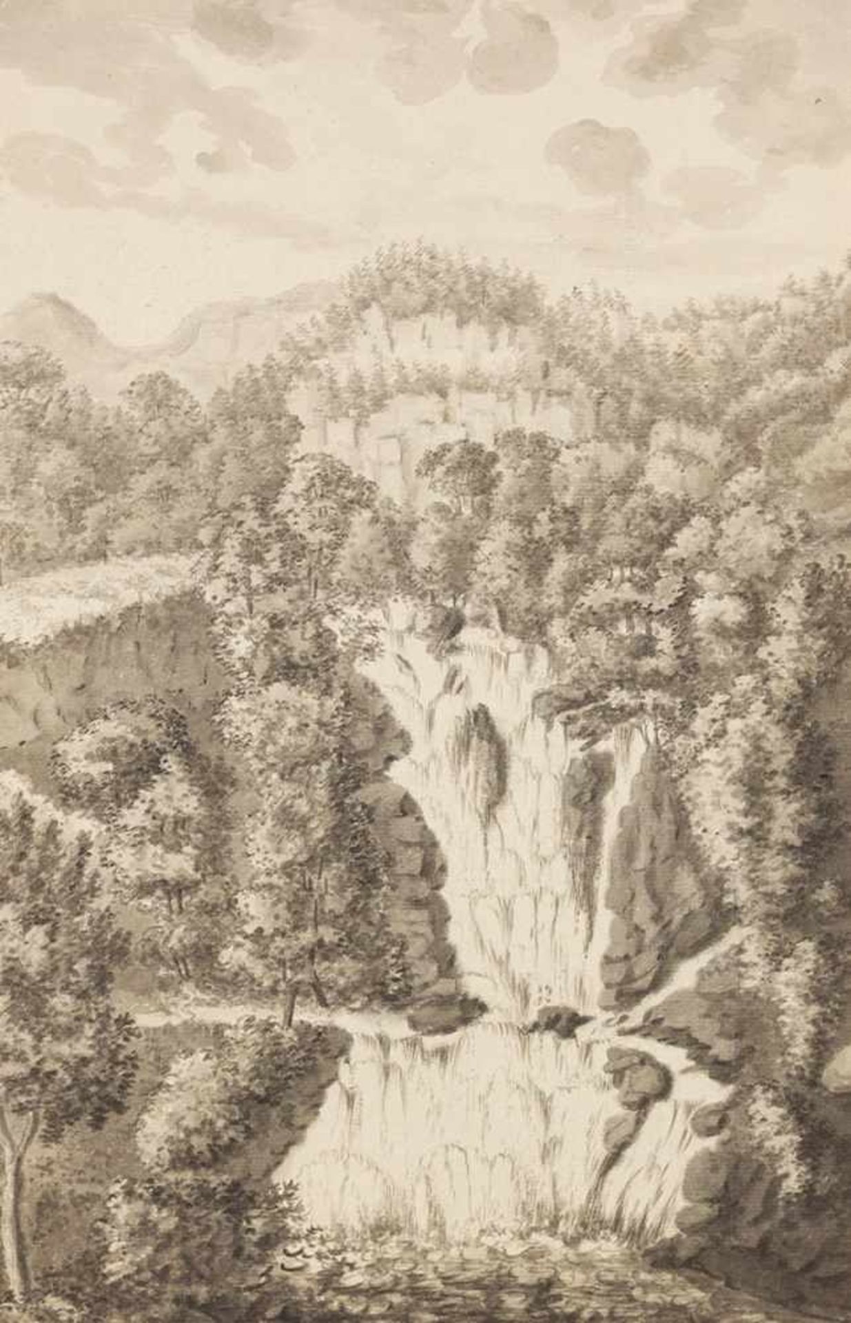 Nathe, Christoph (1753-1806) oder Umkreis. Wasserfall in Wald- und Felslandschaft. Zeichnung.