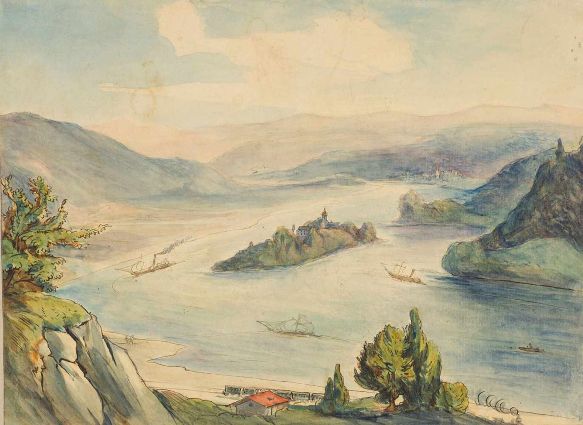 Sckell, Ludwig (1833-1912). Rheinlandschaft, Aussicht vom Drachenfels mit Insel Nonnenwerth.