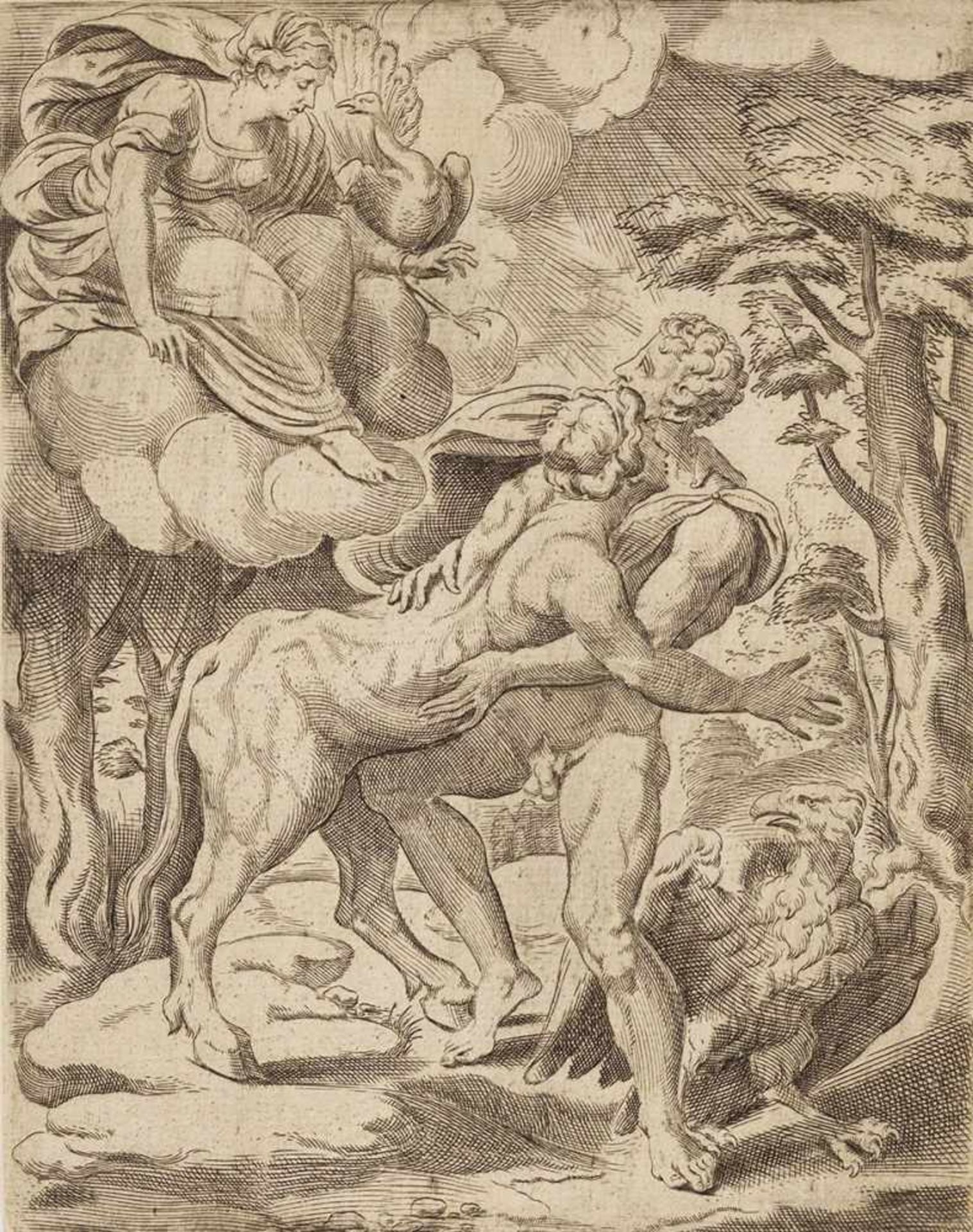 Caraglio, Gian Jacopo (1505-1565). Zeus verwandelt die Io. Kupferstich, nach Pierino del Vaga (?).