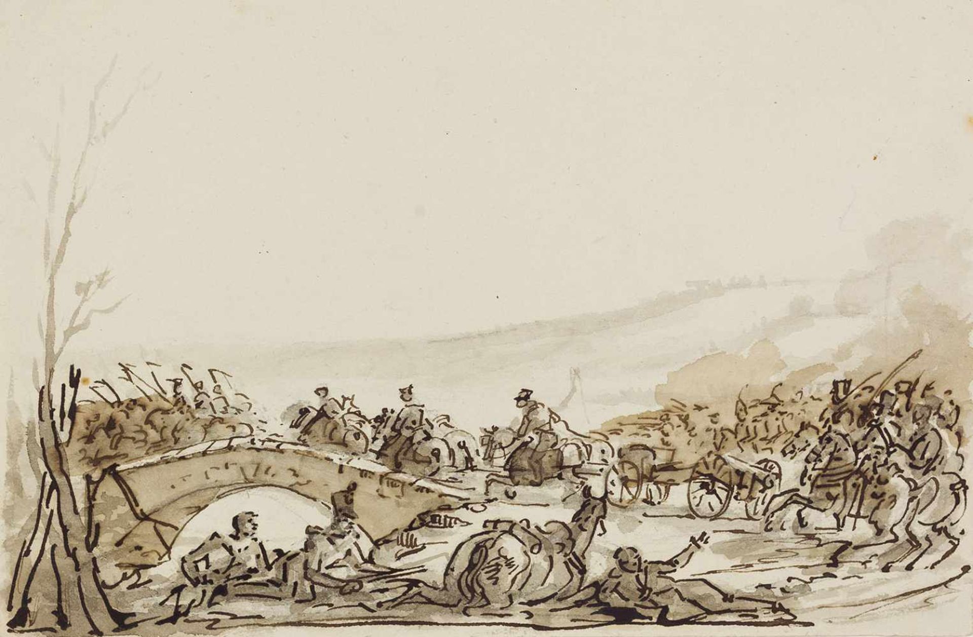 Zais, Giuseppe "(1709-1784). Kavallerie jagt über die Brücke. Zeichnung. Tuschfeder, in Grau und