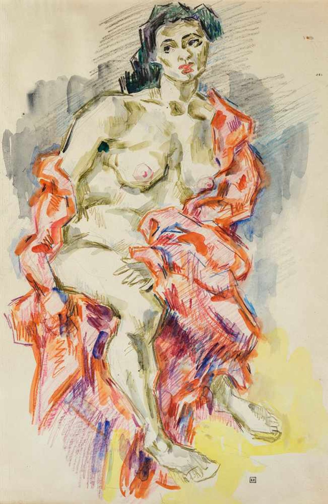 Hinrichsen, Kurt (1901-1963). Sitzender weiblicher Akt. Aquarell u. Ölkreide über Bleistift auf