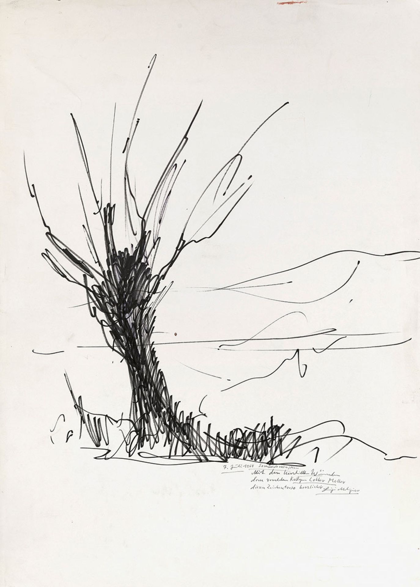 Malipiero, Luigi (1901-1975). Kopfweide vor Berglandschaft. Zeichnung. Schwarze Tusche auf Karton,