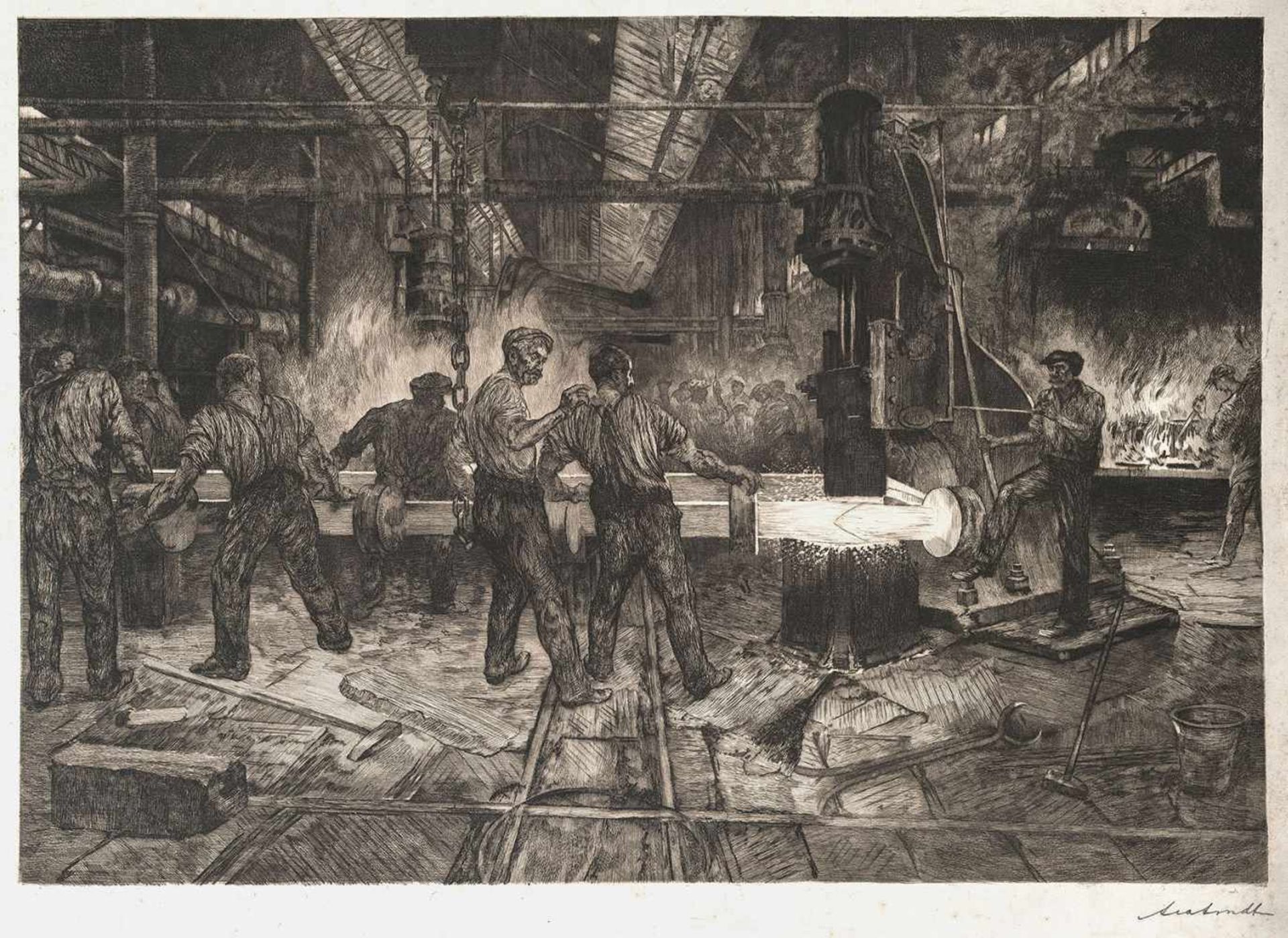 Arndt, Leo (1857-1945). Das Eisenwalzwerk. Radierung, mit Bleistift signiert. Chinapapier, auf