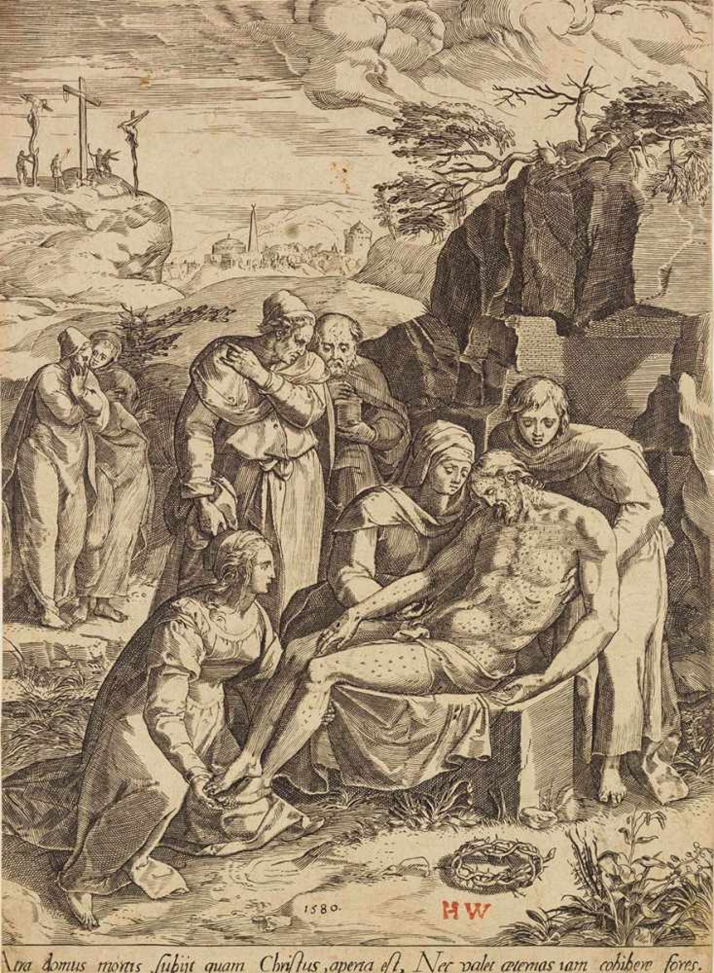 Clovio, Giulio (1498-1578), nach. Grablegung Christi. Radierung, in der Pl. dat. 1580. 25,3 : 18,4