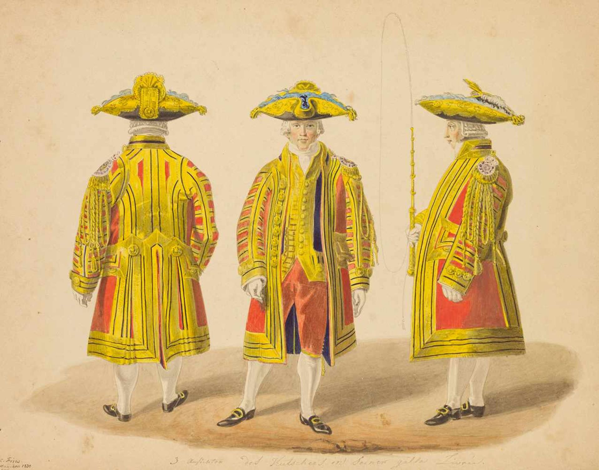 Kostüm. – Christoph Fries (1788-1857). Livrée, Hofstaat des Kutschers. Zeichnung. Gouache auf
