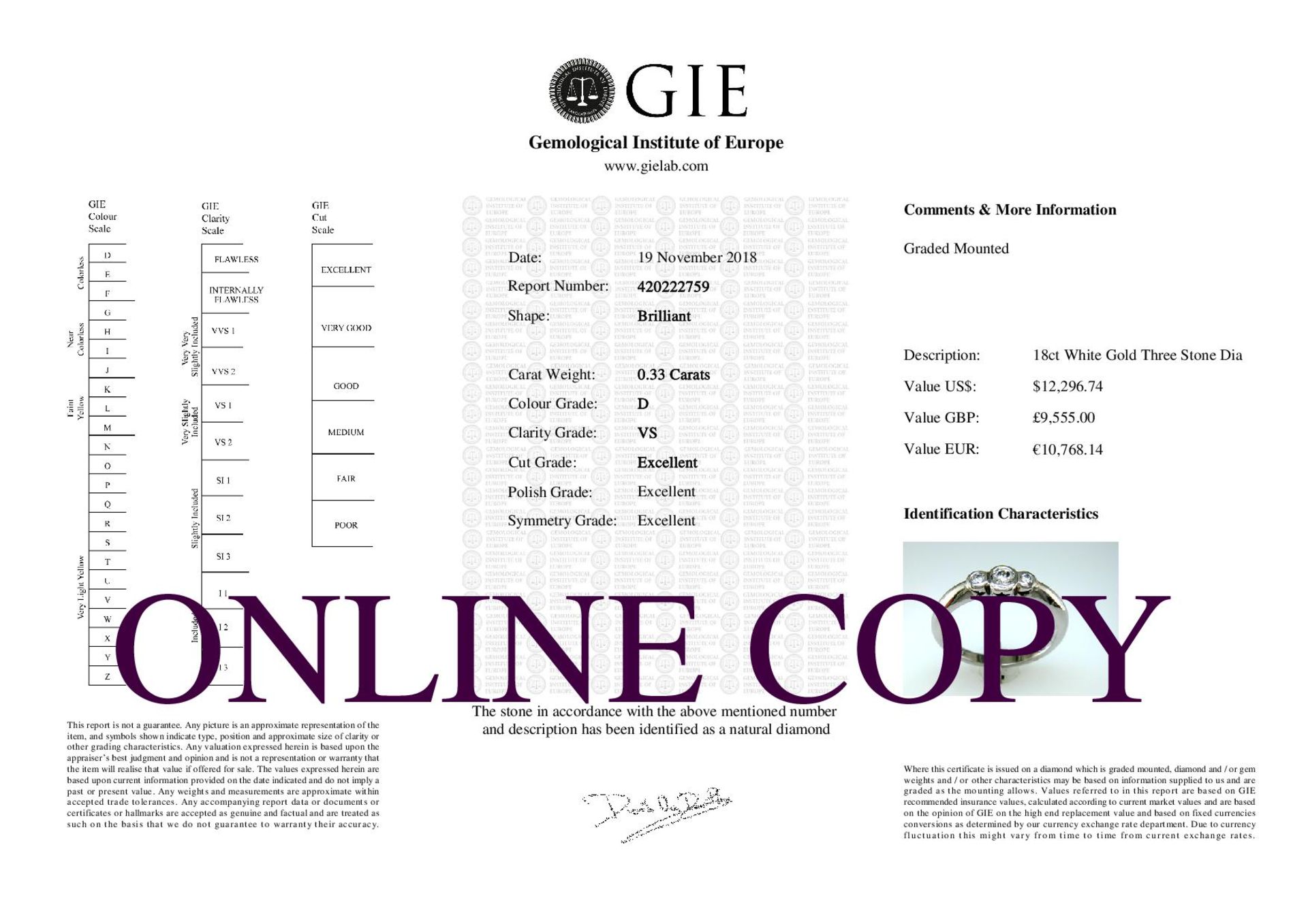 Valued by GIE £9,555.00 - 18ct Three Stone Rub Over Set Diamond Ring 0.33 Carats - 3136004, Colour- - Image 4 of 4