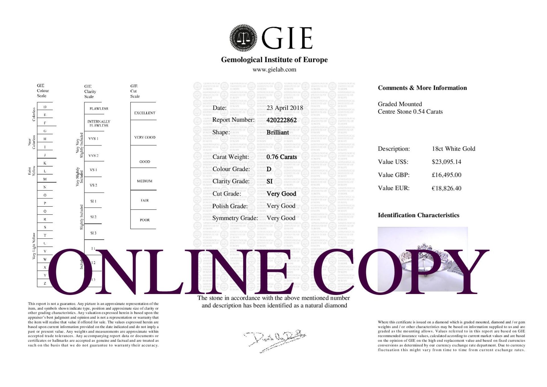 Valued by GIE £16,495.00 - 18ct White Gold Single Stone Claw Set With Stone Set Shoulders Diamond - Image 5 of 5