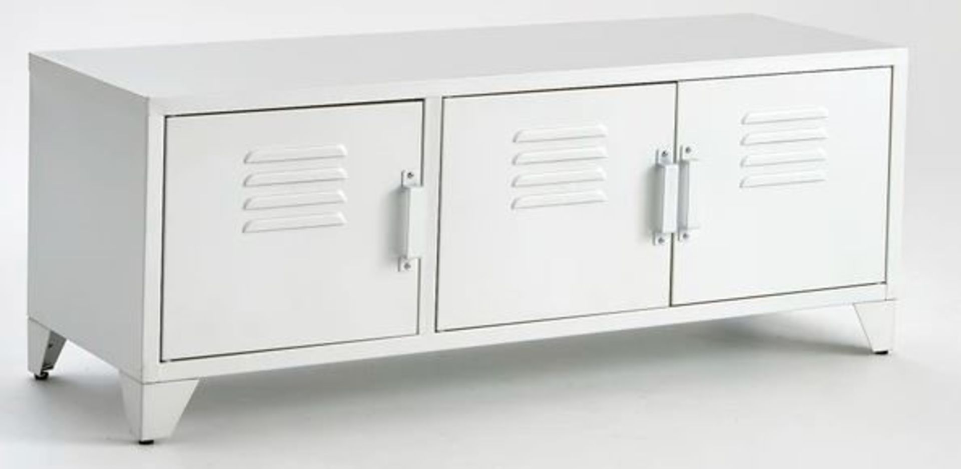 1 GRADE C BOXED DESIGNER HIBA MATTE WHITE INDUSTRIAL STYLE TV UNIT WITH 3 DOORS / RRP £230.00 (