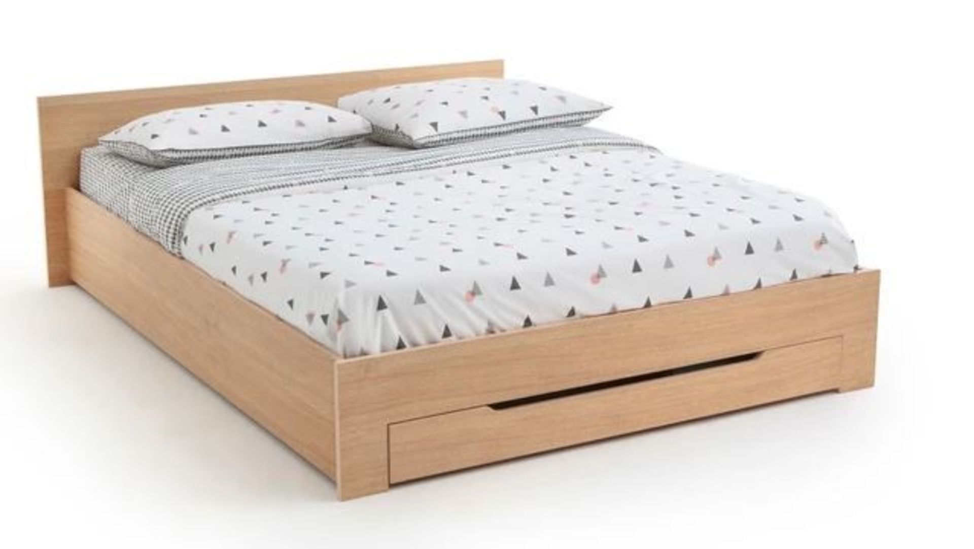 1 GRADE B BOXED DESIGNER CRAWLEY BED WITH SUPPORT AND DRAWER IN OAK / SIZE: 140 X 190CM / RRP £450.