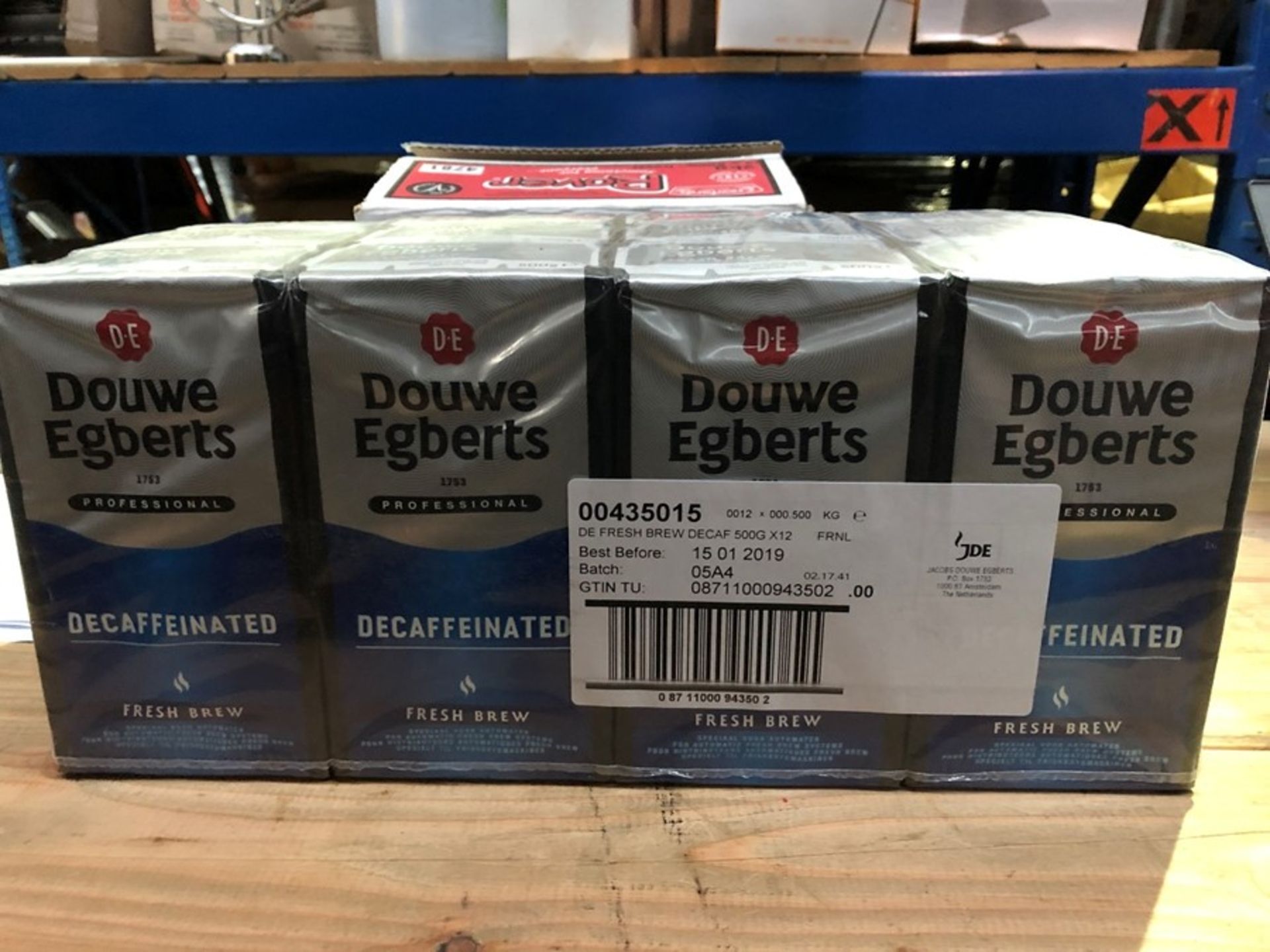 1 LOT TO CONTAIN 4 BATCHES OF DOUWE EGBERTS DECAFFINATED COFFEE - 12 PACKS PER BATCH, 500G PER