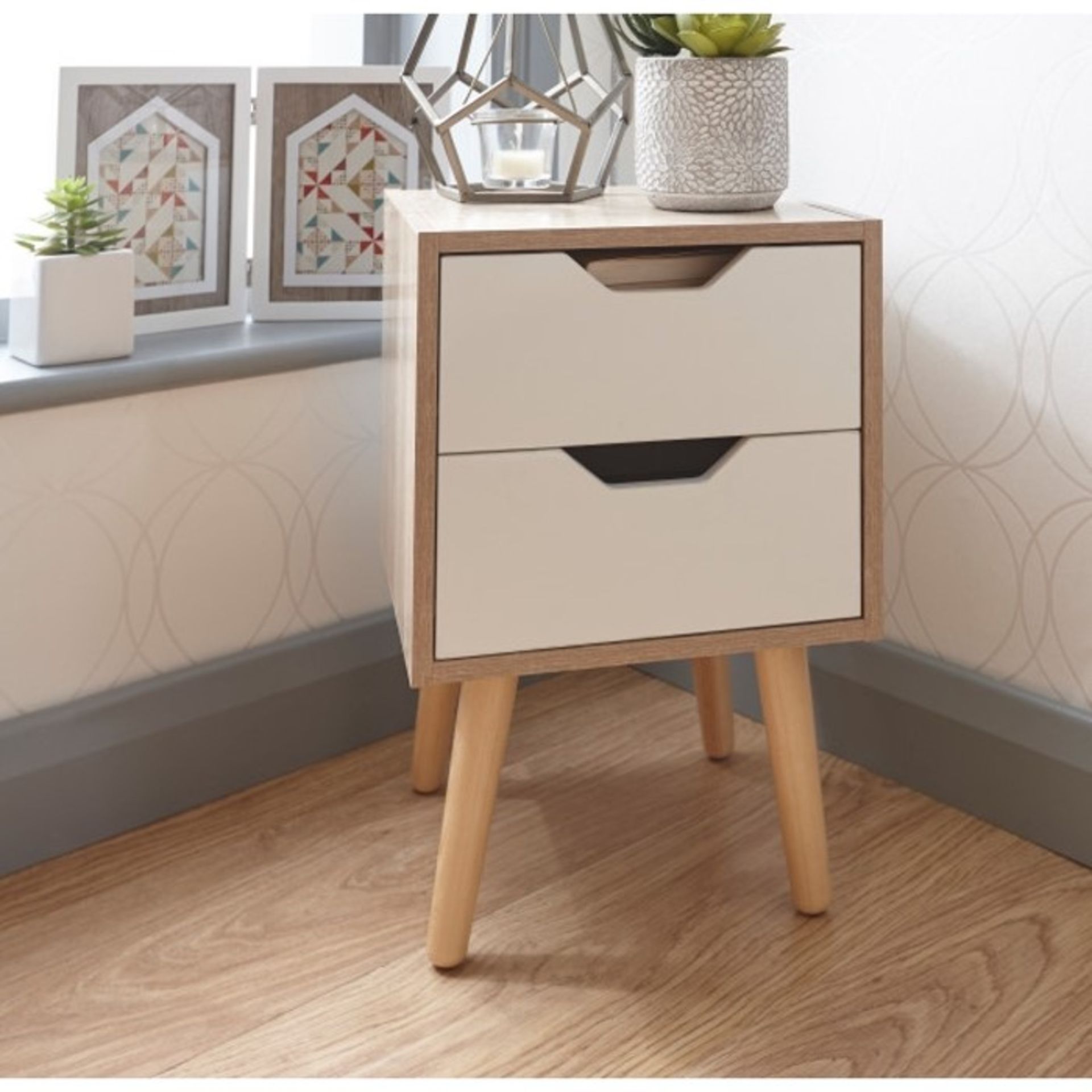 2 BOXED STOCKHOLM 2 DRAWER SIDE TABLES IN WHITE AND OAK (PUBLIC VIEWING AVAILABLE)