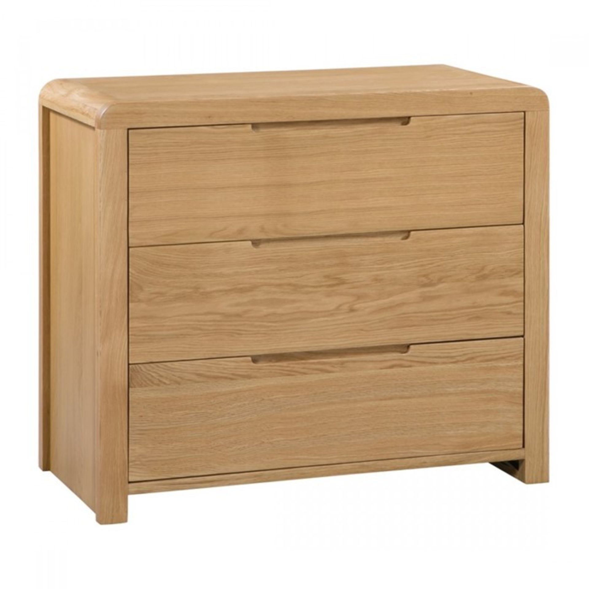 1 BOXED CURVE 3 DRAW BEDSIDE CHEST IN OAK (PUBLIC VIEWING AVAILABLE)