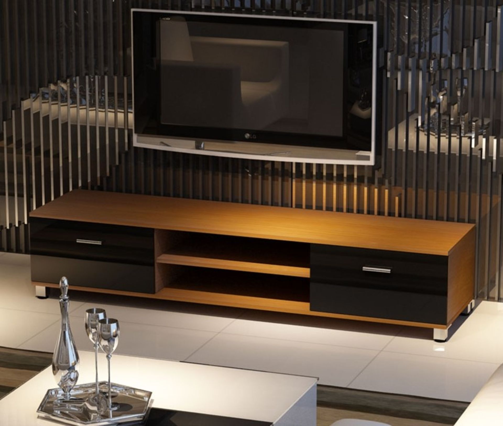 1 BOXED WOODEN TV UNIT IN OAK + WHITE - TVS351 / PICTURE AS REFERNCE, COLOUR WILL VARY FROM