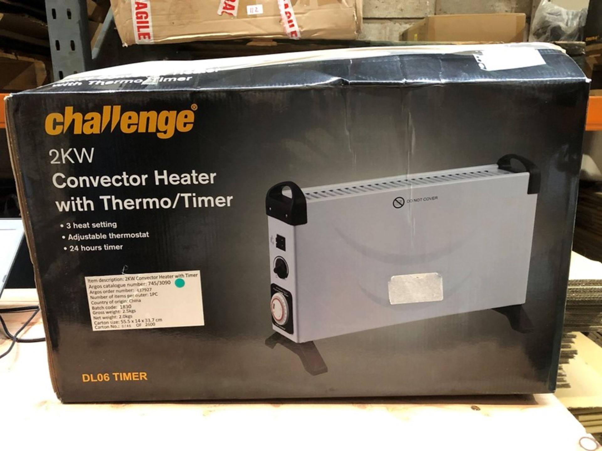 1 BOXED CHALLENGE 2KW CONVECTOR HEATER WITH THERMO/TIMER (PUBLIC VIEWING AVAILABLE)