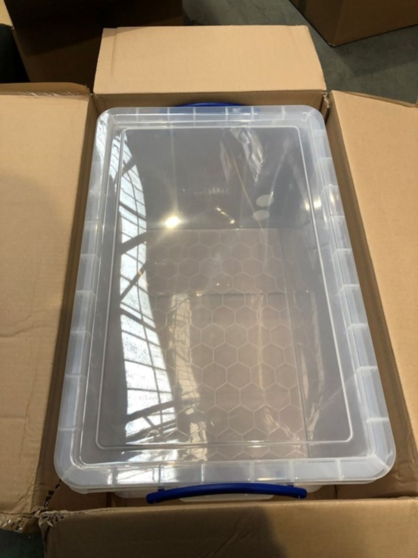 1 BOXED CLEAR PLASTIC 84L STORAGE BOX (PUBLIC VIEWING AVAILABLE)