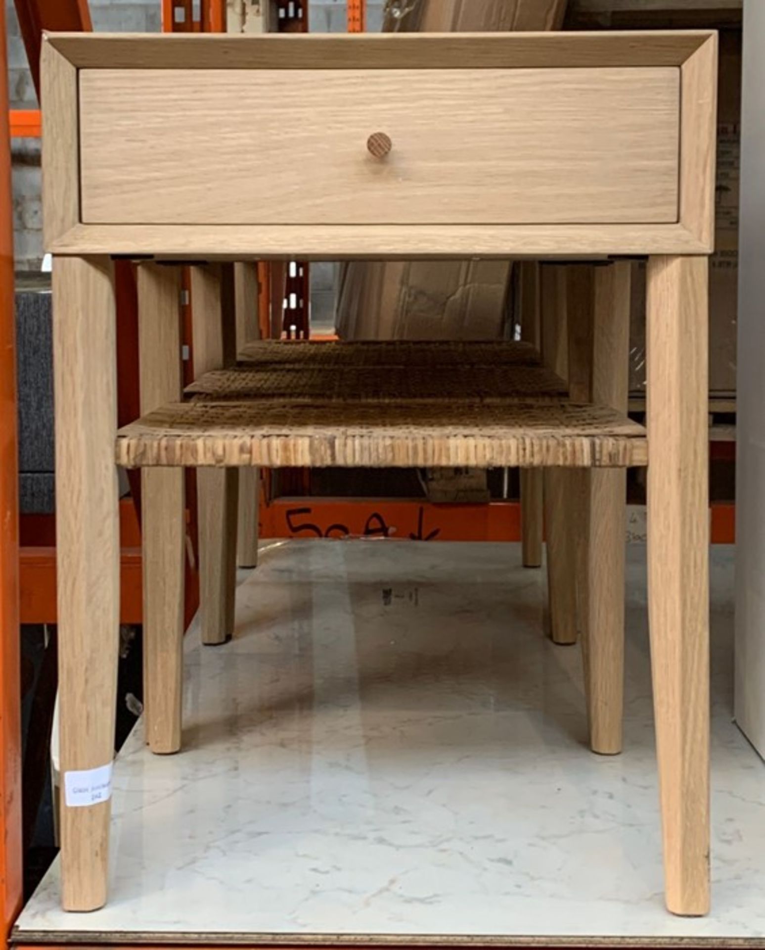 BEDSIDE TABLE/NIGHTSTAND IN OAK WITH WICKER SHELF (PUBLIC VIEWING AVAILABLE)