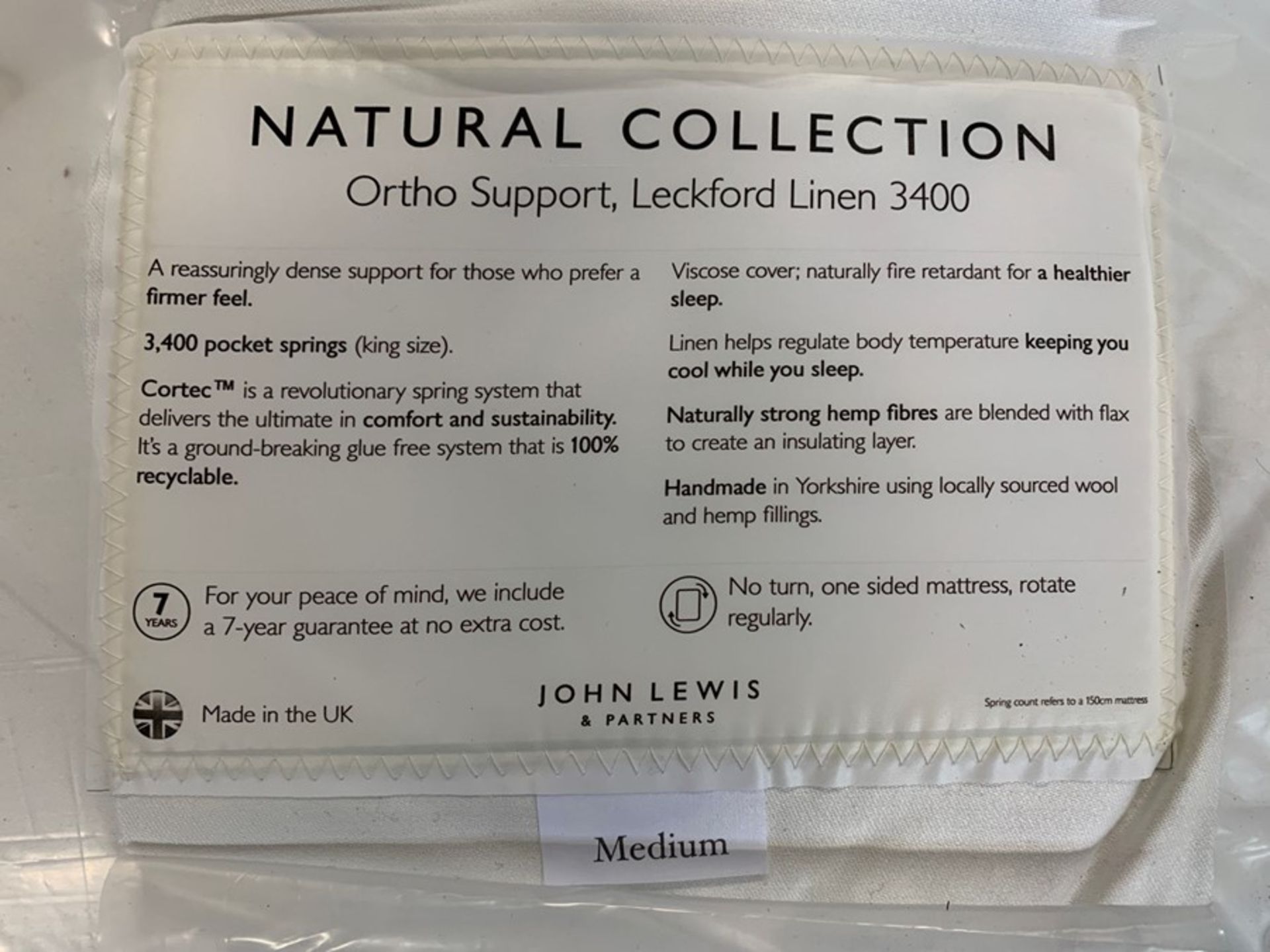 JOHN LEWIS NATURAL COLLECTION LECKFORD LINEN 3400 KINGSIZE MATTRESS