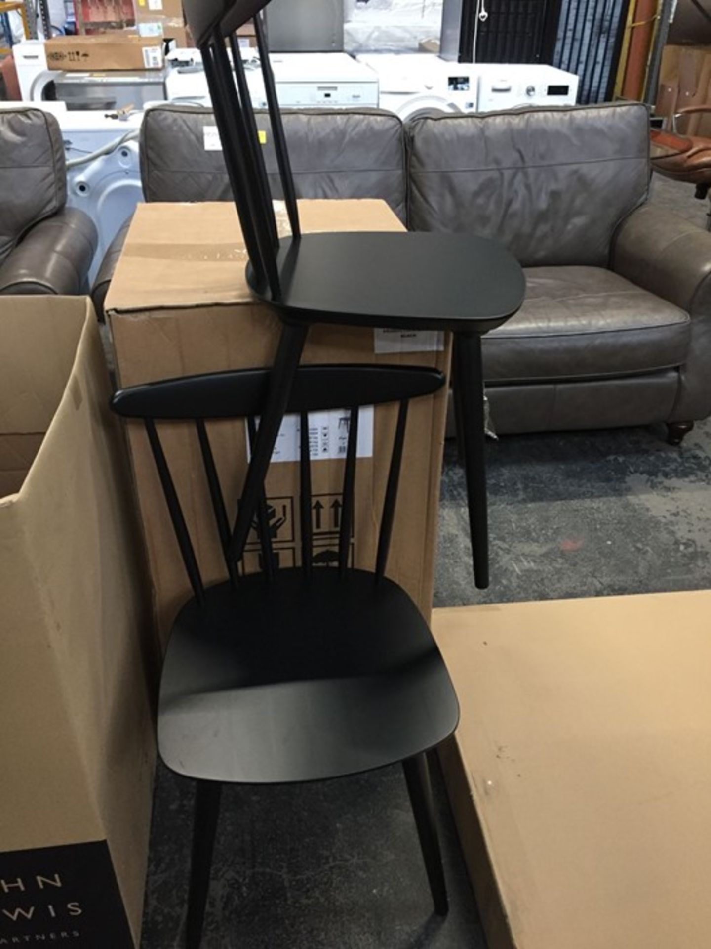2 x JOHN LEWIS SPINDLE CHAIRS IN BLACK *BACK LEFT LEGS ON BOTH CHAIRS ARE NOT ATTACHED*