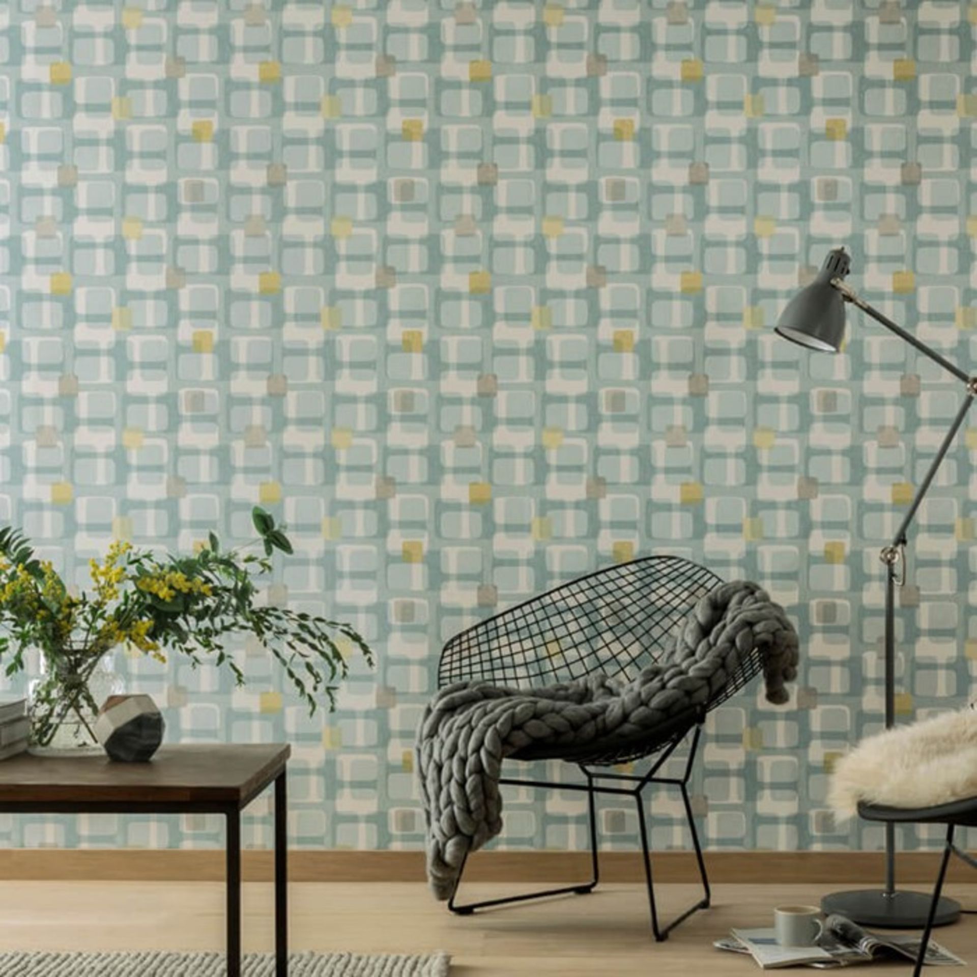 1 LOT TO 5 AS NEW ROLLS OF ARTHOUSE RETRO BLOCK TEAL/YELLOW/GREY WALLPAPER - 902308 / RRP £44.95