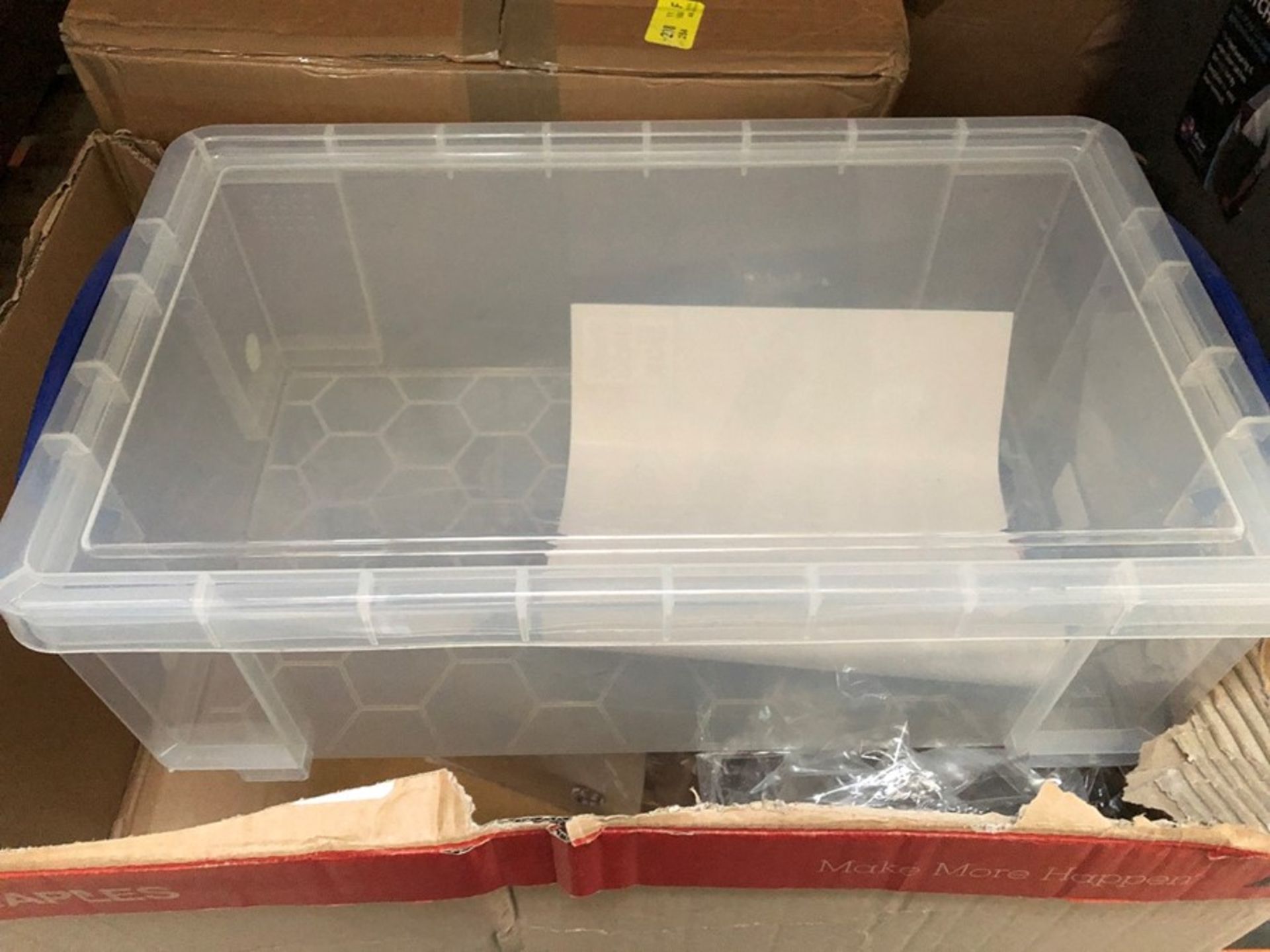 1 LOT TO CONTAIN AN ASSORTMENT OF STORAGE PRODUCTS / INCLUDES 1 X CLEAR PLASTIC 22L STORAGE BOX