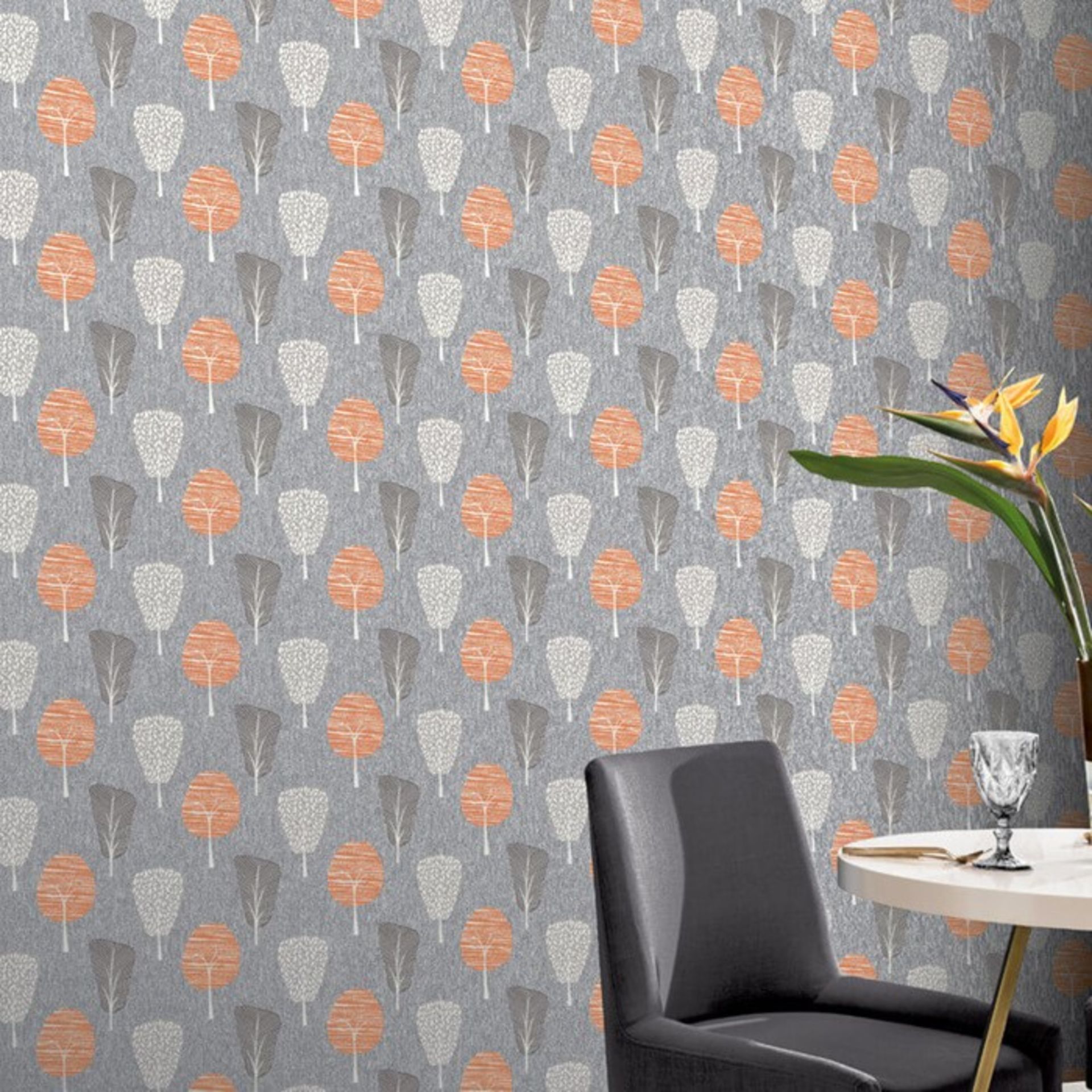 1 LOT TO CONTAIN 9 AS NEW ROLLS OF ARTHOUSE RETRO TREE ORANGE/GREY WALLPAPER - 902400 / RRP £80.91