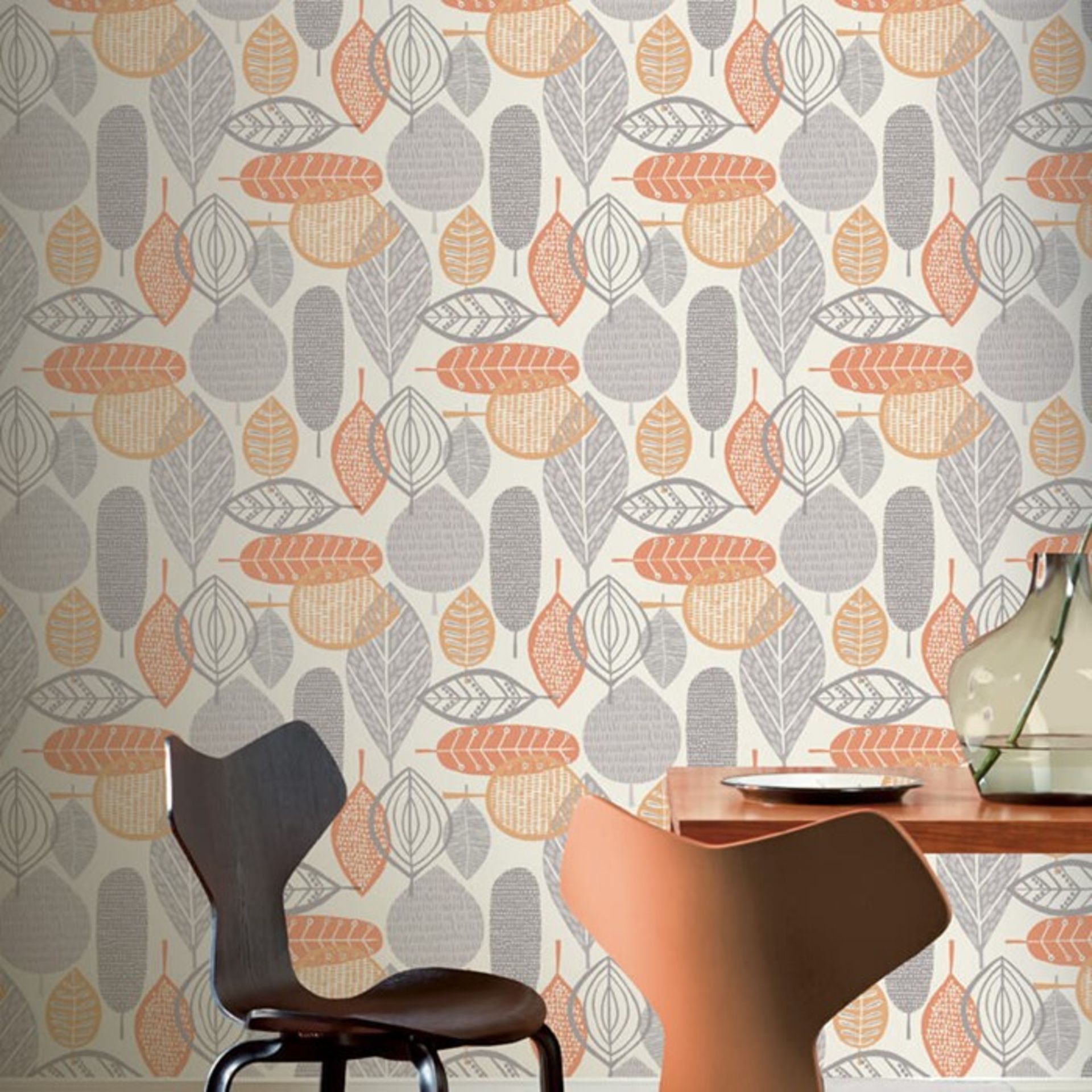 1 LOT TO CONTAIN 11 AS NEW ROLLS OF ARTHOUSE MALMO RETRO LEAF GREY/ORANGE WALLPAPER - 902301 /