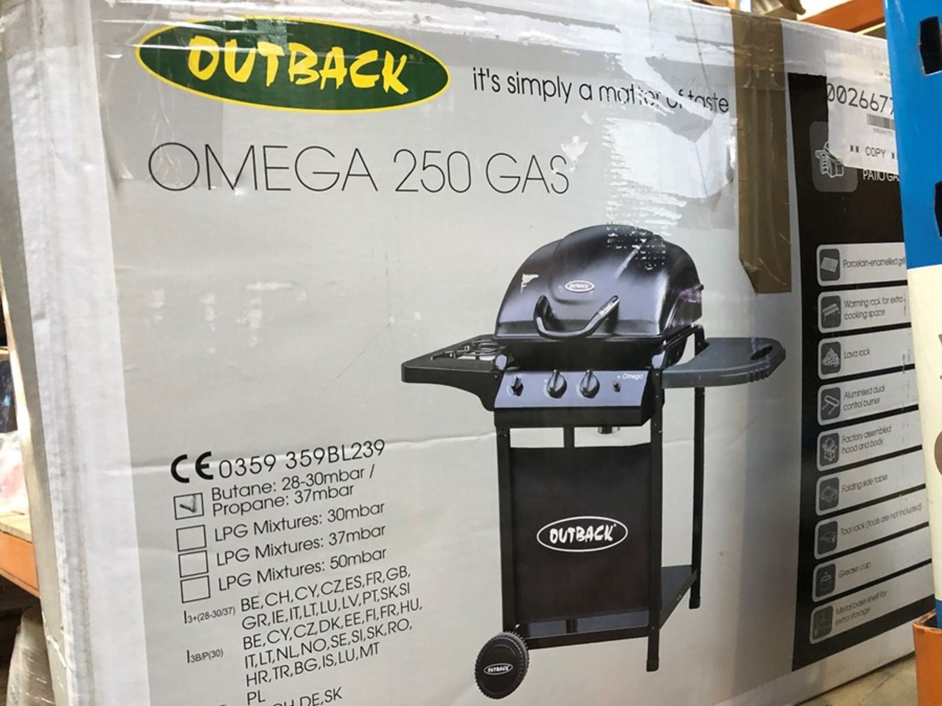 1 BOXED OUTBACK OMEGA 250 GAS HOODED BBQ WITH SIDE BURNER / RRP £179.99 (SOLD AS SEEN)