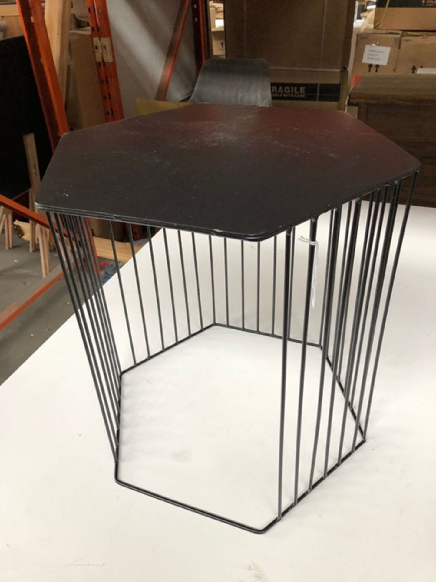 1 CAGE LIKE METAL SIDE TABLE IN BLACK (SOLD AS SEEN)