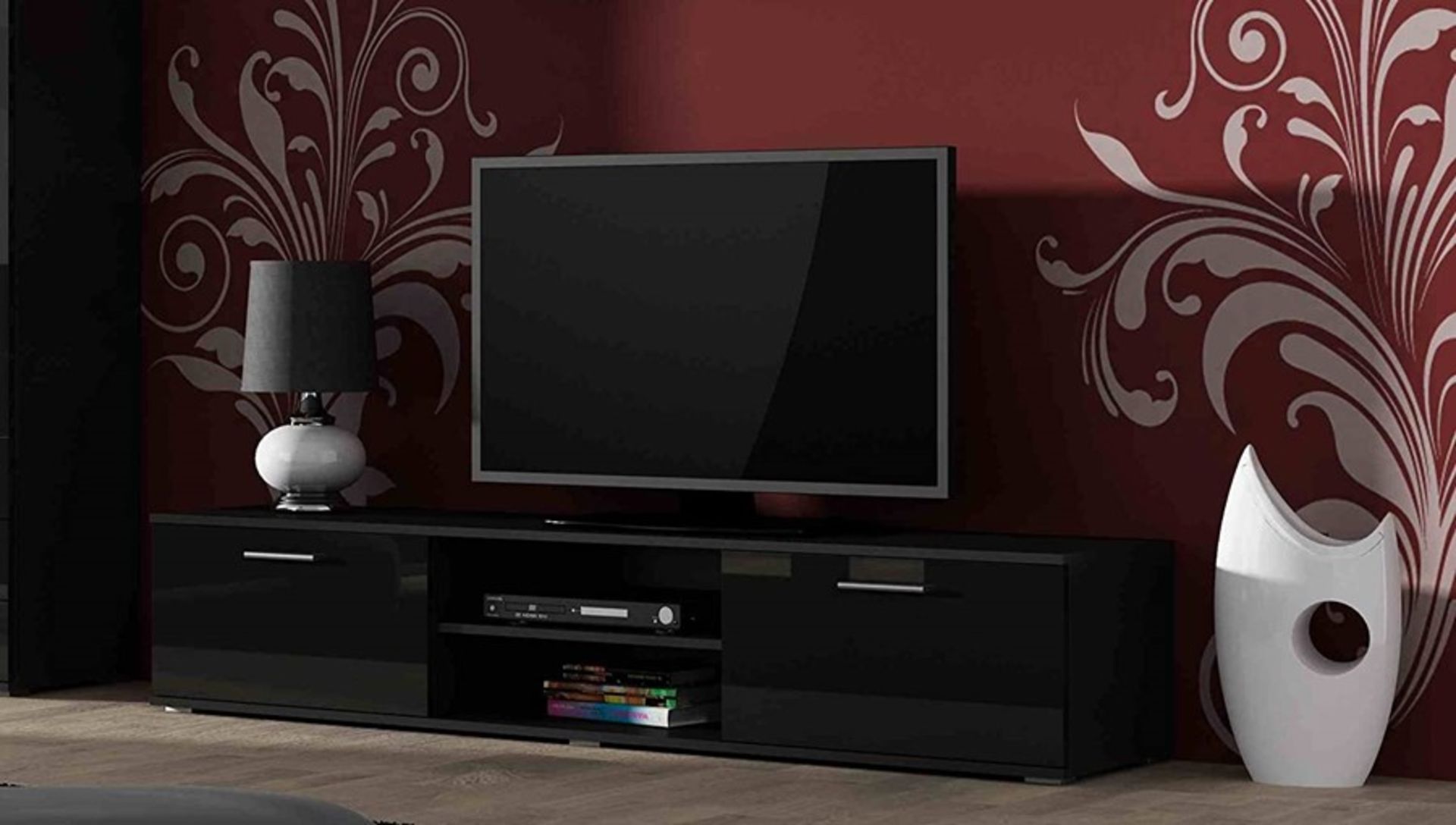 1 BOXED SOHO 140CM TV UNIT IN BLACK/BLACK GLOSS