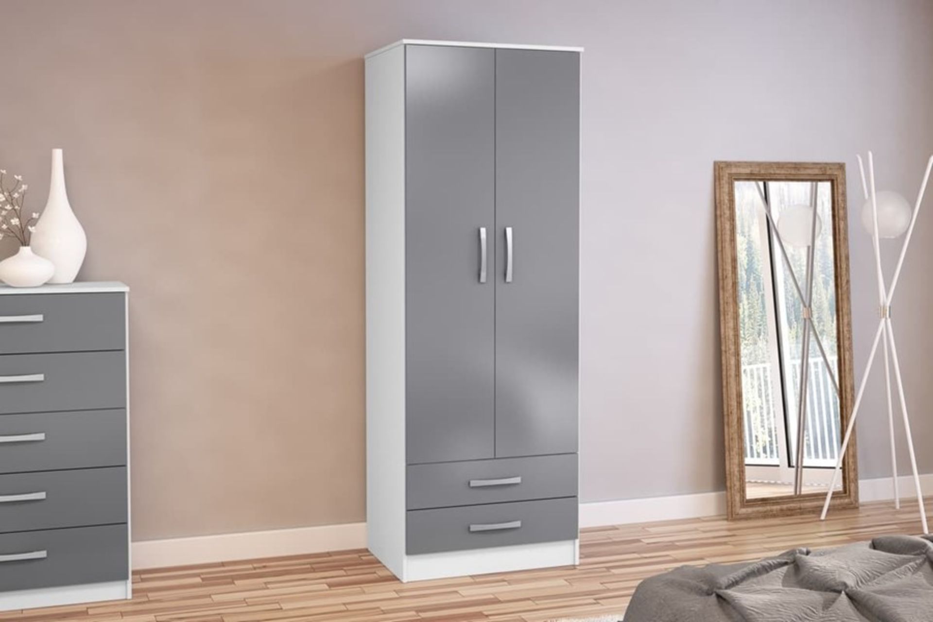 1 BOXED BIRLEA LYNX 2 DOOR COMBI WARDROBE IN WHITE/GREY GLOSS