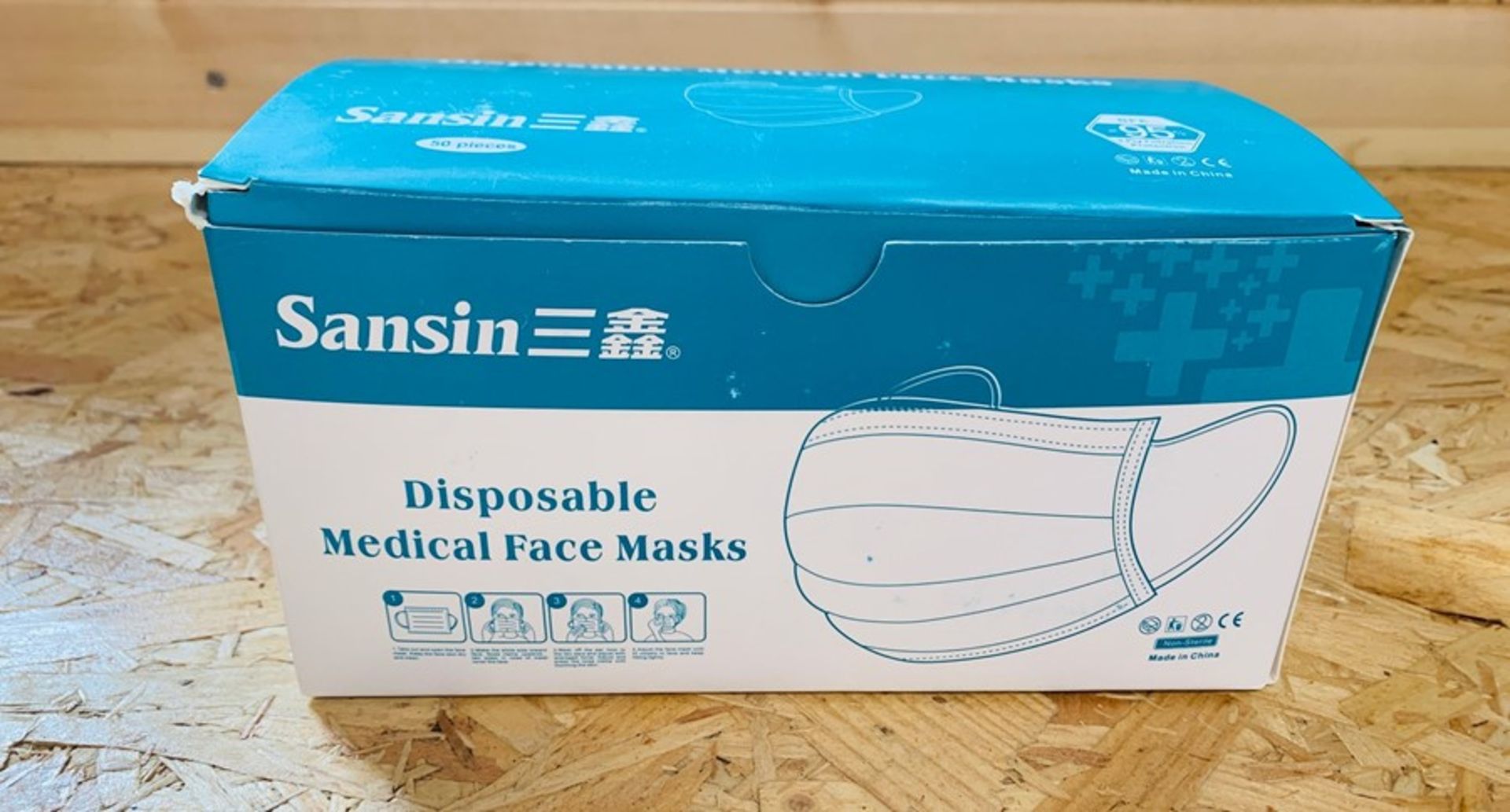 1 BOX OF SANSIN DISPOSABLE MEDICAL FACE MASKS - AS NEW - TYPE A, MEDIUM - 50 PIECES - 180 x 100 x