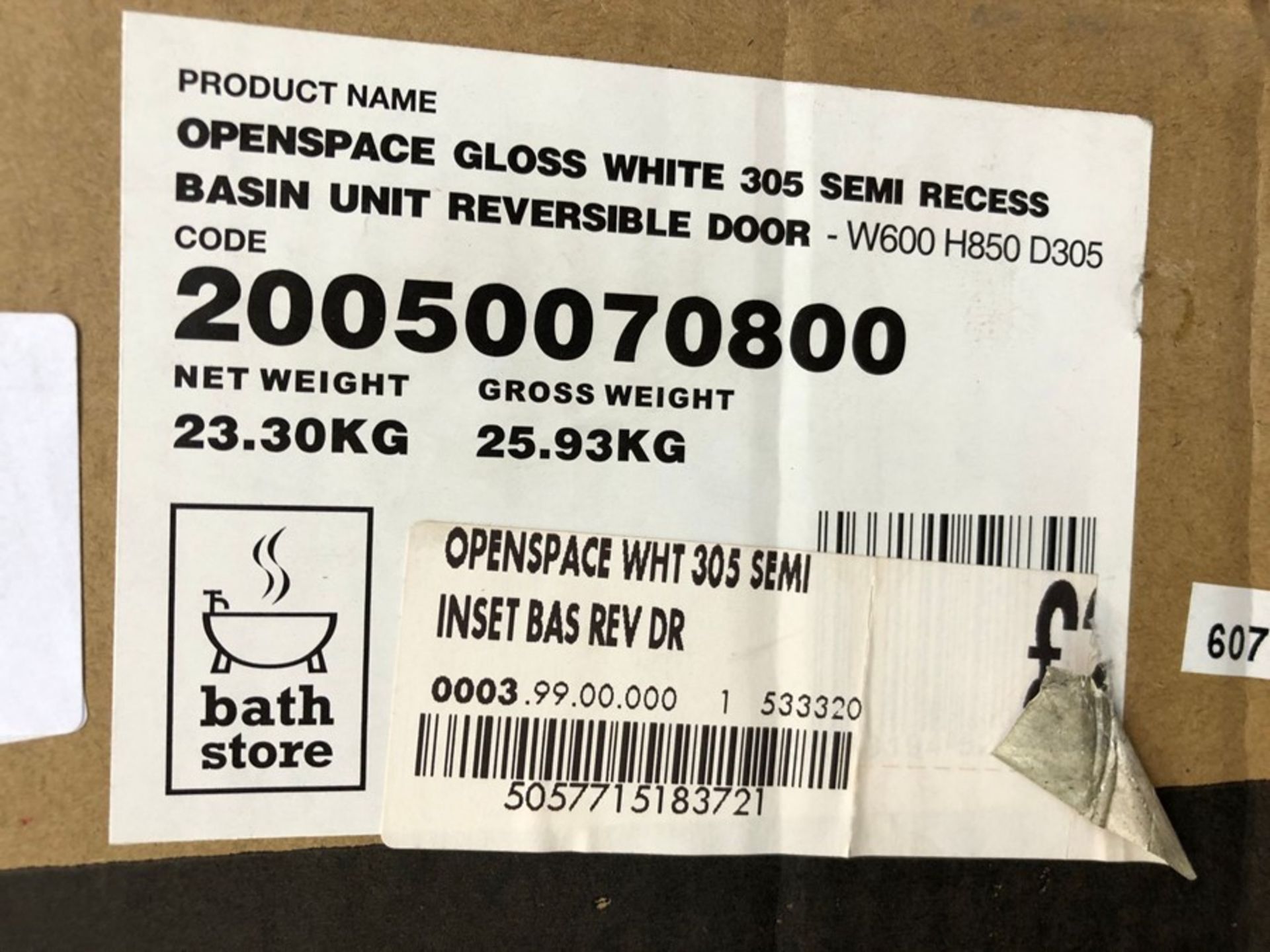 1 BOXED BATHSTORE OPENSPACE GLOSS WHITE 305 SEMI RECESS BASIN UNIT REVERSIBLED DOOR - (W600mm x