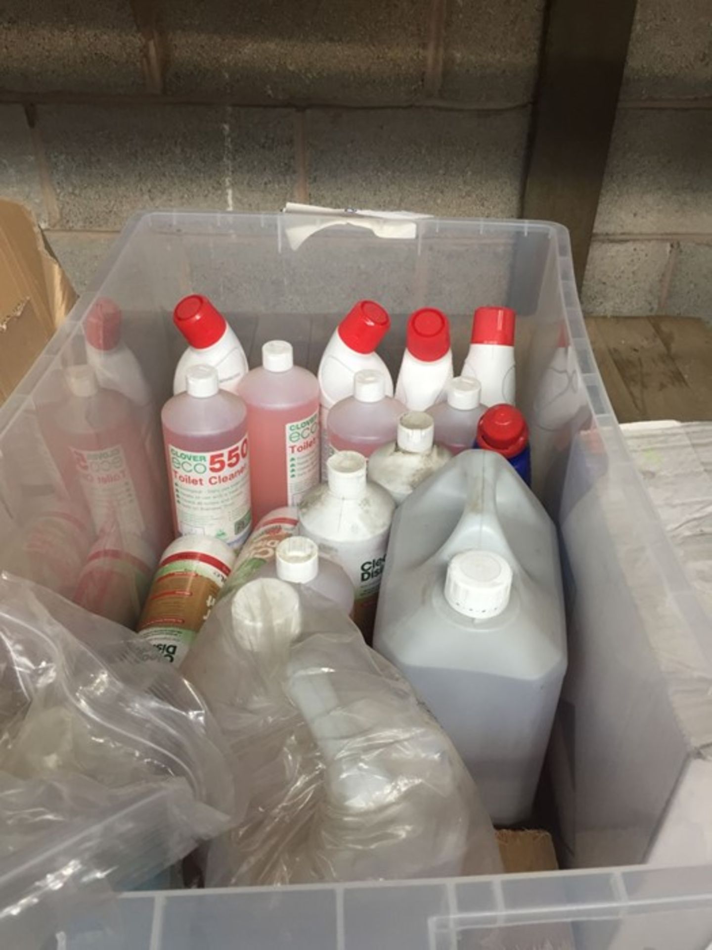 1 LOT TO CONTAIN 1 LARGE PLASTIC BOX OF ASSORTED CHEMICALS IN BOTTLES EG: TOILET CLEANER , SURFACE