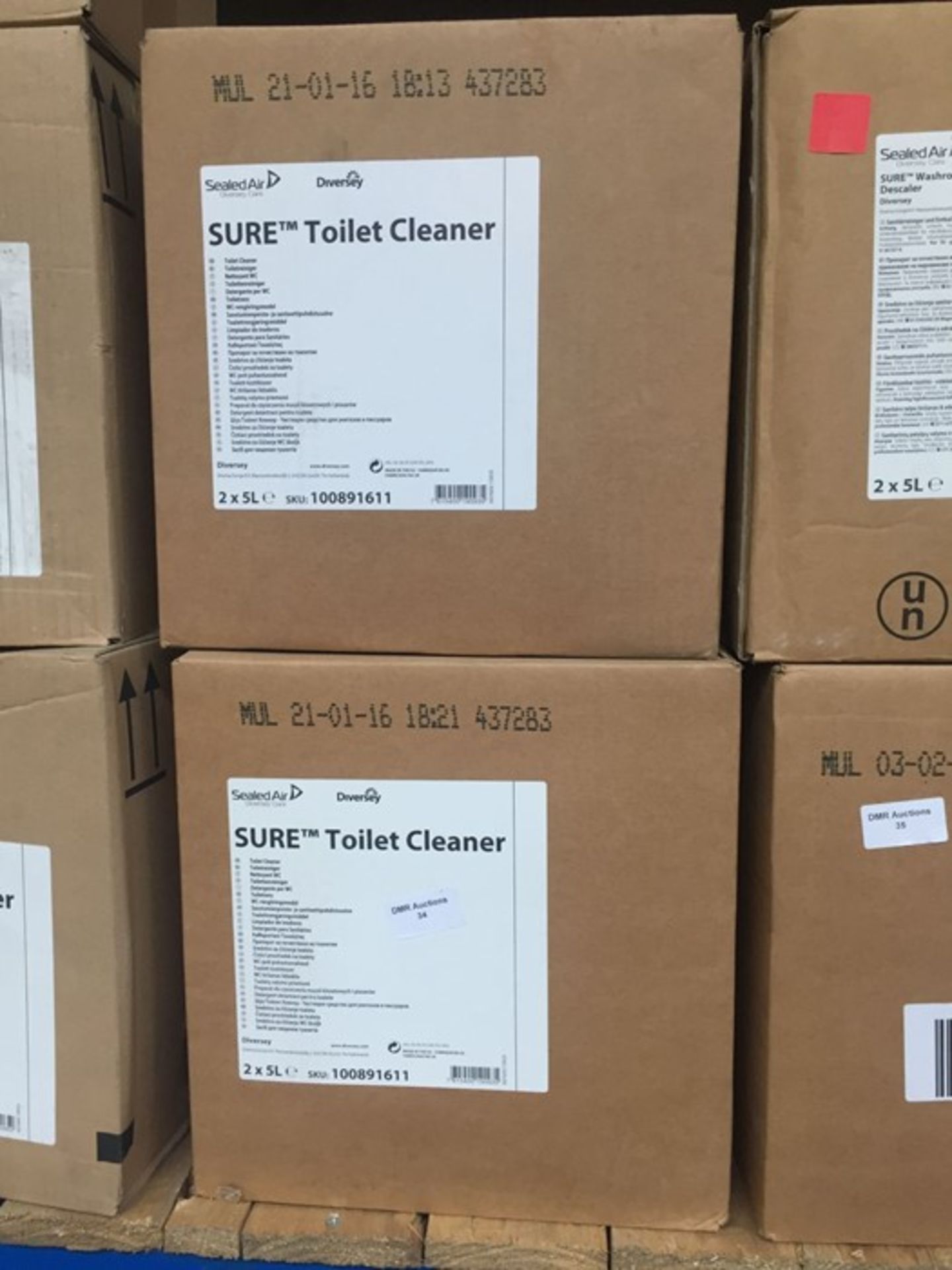 1 LOT TO CONTAIN 4 BOXES OF SURE TOILET CLEANER - EACH BOX CONTAINS 2 X 5L BOTTLES